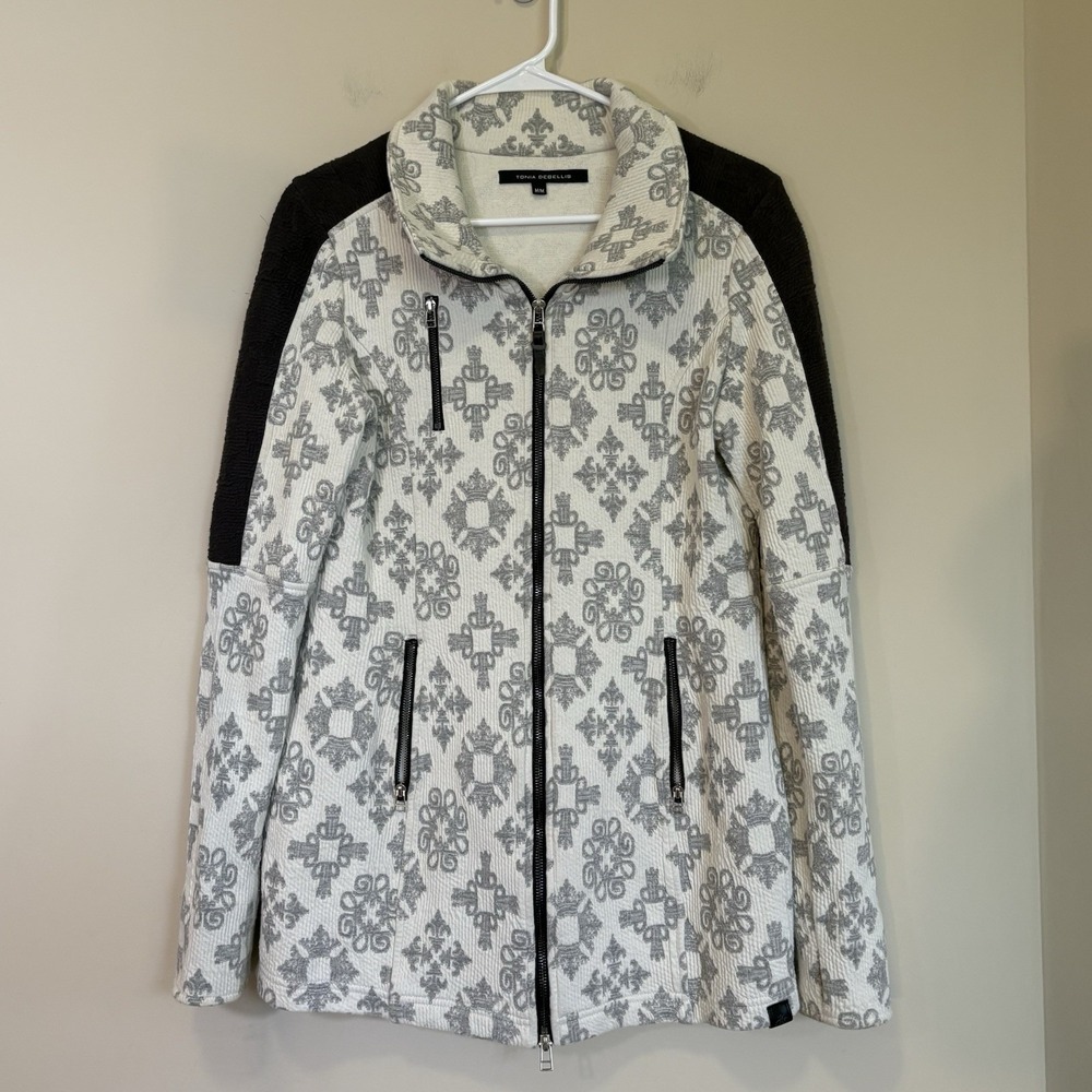 Tonia Debellis Jacket in‎ Black Gray White Full zip Collar Pockets Womens Medium